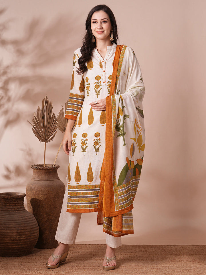 Ethnic Printed Straight Fit Cotton Flax Kurta with Pant and Dupatta - Off White