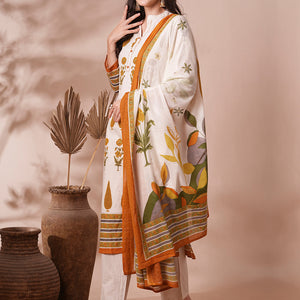 Ethnic Printed Straight Fit Cotton Flax Kurta with Pant and Dupatta - Off White
