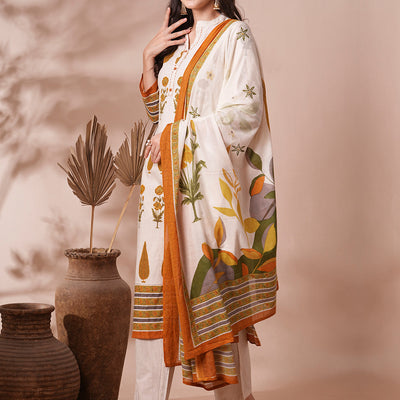 Ethnic Printed Straight Fit Cotton Flax Kurta with Pant and Dupatta - Off White
