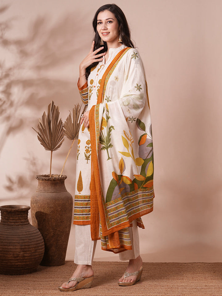 Ethnic Printed Straight Fit Cotton Flax Kurta with Pant and Dupatta - Off White