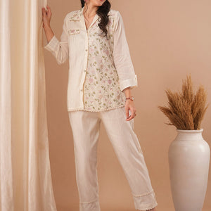 Solid Resham & Sequin Floral Embroidered Straight Fit Co-ord Set - Off White