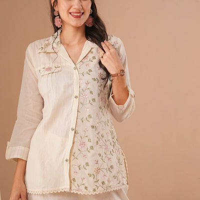 Solid Resham & Sequin Floral Embroidered Straight Fit Co-ord Set - Off White