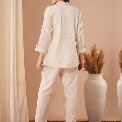 Solid Resham & Sequin Floral Embroidered Straight Fit Co-ord Set - Off White