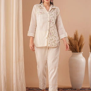 Solid Resham & Sequin Floral Embroidered Straight Fit Co-ord Set - Off White