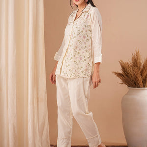 Solid Resham & Sequin Floral Embroidered Straight Fit Co-ord Set - Off White