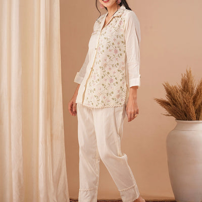 Solid Resham & Sequin Floral Embroidered Straight Fit Co-ord Set - Off White