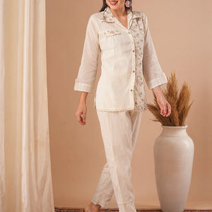 Solid Resham & Sequin Floral Embroidered Straight Fit Co-ord Set - Off White