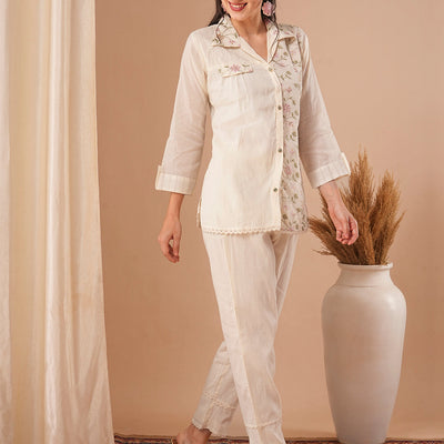 Solid Resham & Sequin Floral Embroidered Straight Fit Co-ord Set - Off White