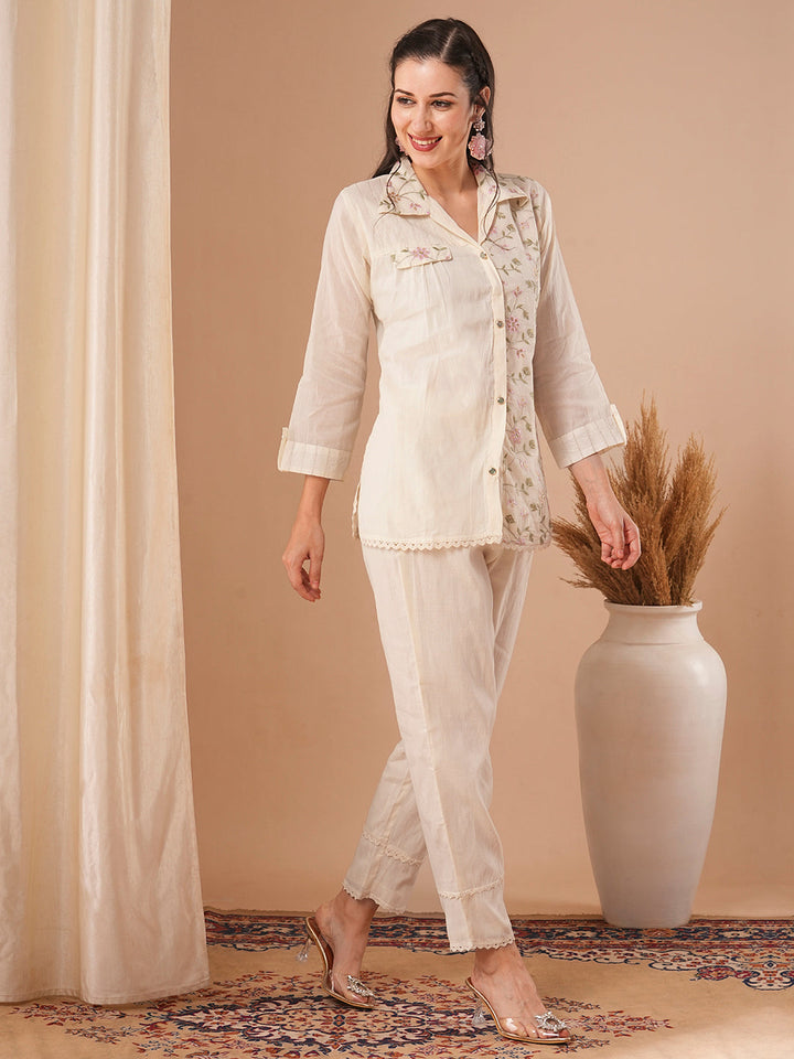 Solid Resham & Sequin Floral Embroidered Straight Fit Co-ord Set - Off White