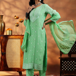 Green Embroidered Organza Straight Suit With Dupatta
