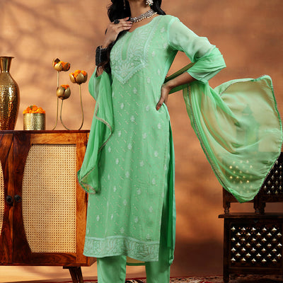 Green Embroidered Organza Straight Suit With Dupatta