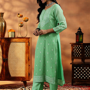Green Embroidered Organza Straight Suit With Dupatta