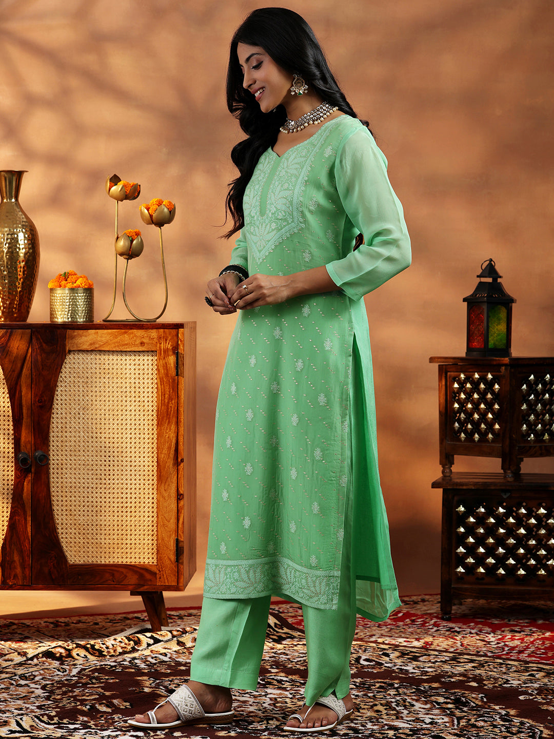 Green Embroidered Organza Straight Suit With Dupatta