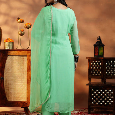Green Embroidered Organza Straight Suit With Dupatta