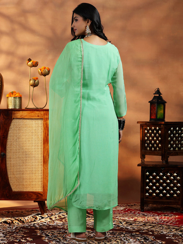 Green Embroidered Organza Straight Suit With Dupatta