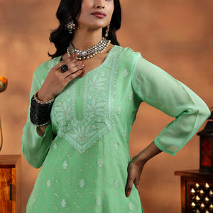 Green Embroidered Organza Straight Suit With Dupatta