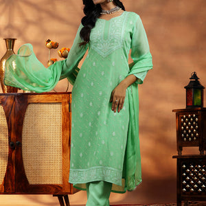 Green Embroidered Organza Straight Suit With Dupatta