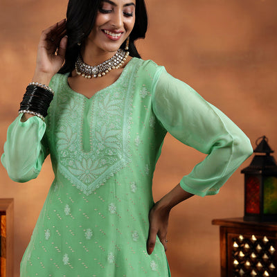 Green Embroidered Organza Straight Suit With Dupatta