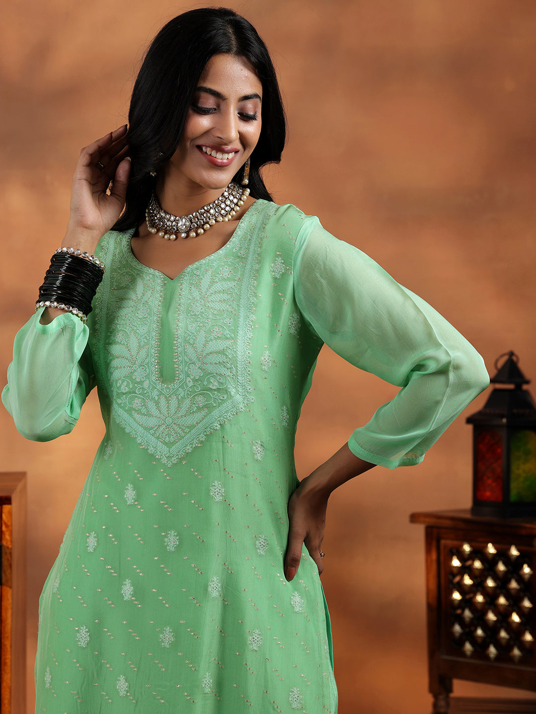 Green Embroidered Organza Straight Suit With Dupatta