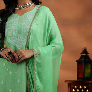 Green Embroidered Organza Straight Suit With Dupatta