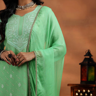 Green Embroidered Organza Straight Suit With Dupatta