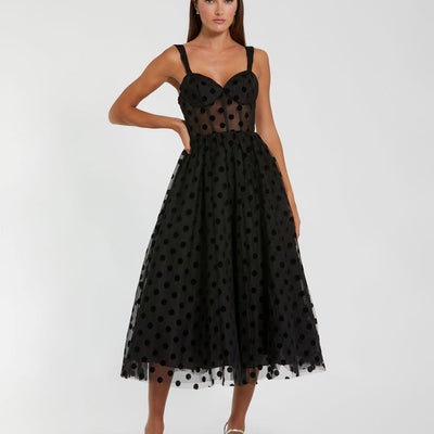 Mac Duggal 27539 A Line Polka Dot Formal Tea Length Dress