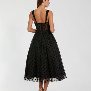 Mac Duggal 27539 A Line Polka Dot Formal Tea Length Dress