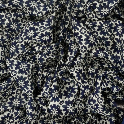 Navy Blue Woven Chanderi Printed Cotton Saree With Floral Jaal