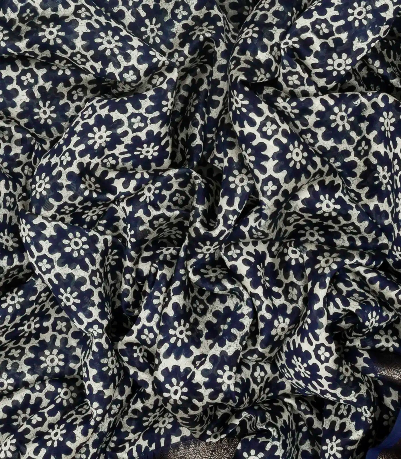 Navy Blue Woven Chanderi Printed Cotton Saree With Floral Jaal