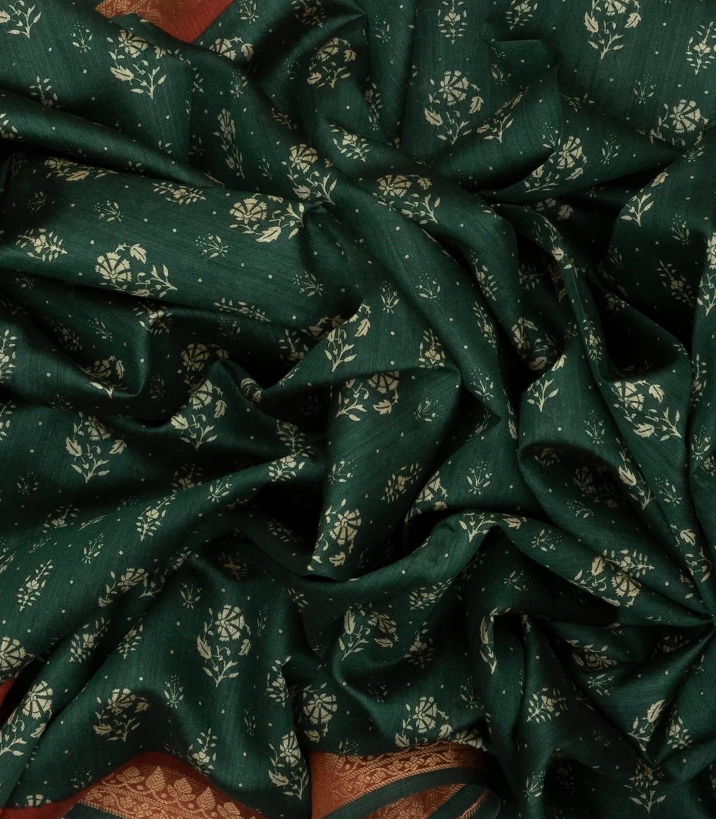Dark Green Tussar Silk Saree Is Printed With Floral Motifs