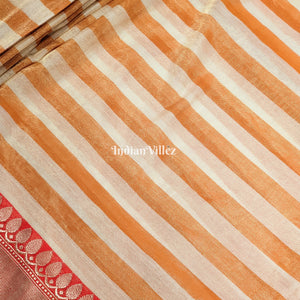 Orange White Stripes Pattern Designer Banarasi Tissue Saree