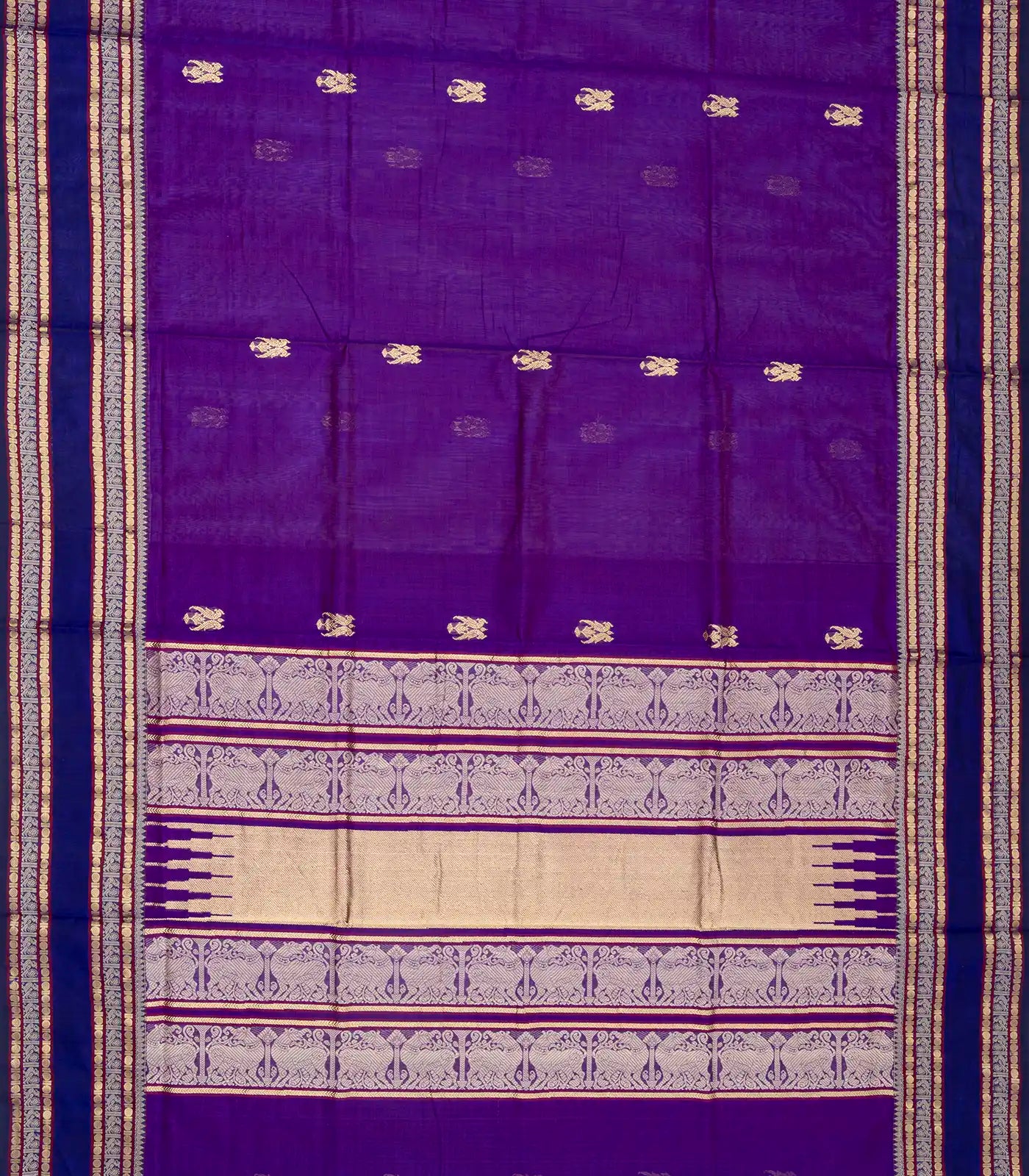 Purple Handloom Silk Cotton Saree With Parrot Buttas