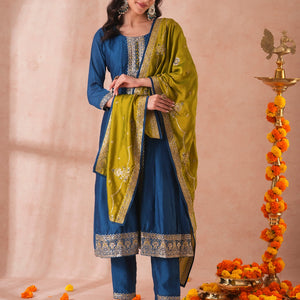 Solid Ethnic Sequin Embroidered Anarkali Kurta with Pant and Dupatta - Teal Blue