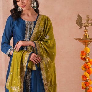 Solid Ethnic Sequin Embroidered Anarkali Kurta with Pant and Dupatta - Teal Blue