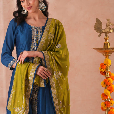 Solid Ethnic Sequin Embroidered Anarkali Kurta with Pant and Dupatta - Teal Blue