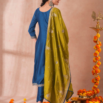 Solid Ethnic Sequin Embroidered Anarkali Kurta with Pant and Dupatta - Teal Blue
