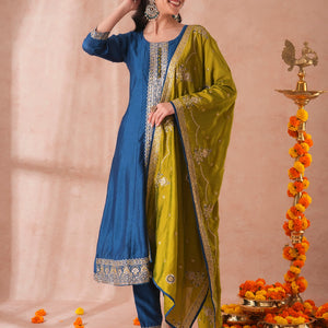 Solid Ethnic Sequin Embroidered Anarkali Kurta with Pant and Dupatta - Teal Blue