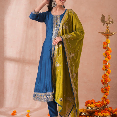 Solid Ethnic Sequin Embroidered Anarkali Kurta with Pant and Dupatta - Teal Blue