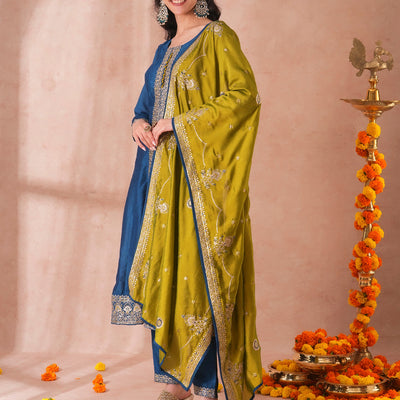 Solid Ethnic Sequin Embroidered Anarkali Kurta with Pant and Dupatta - Teal Blue