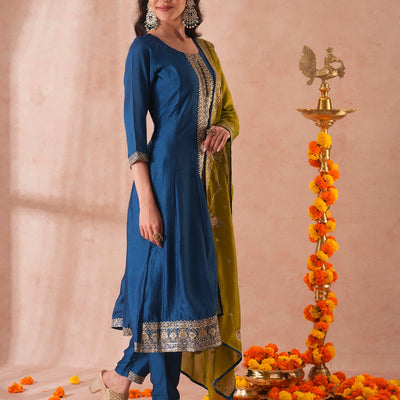 Solid Ethnic Sequin Embroidered Anarkali Kurta with Pant and Dupatta - Teal Blue