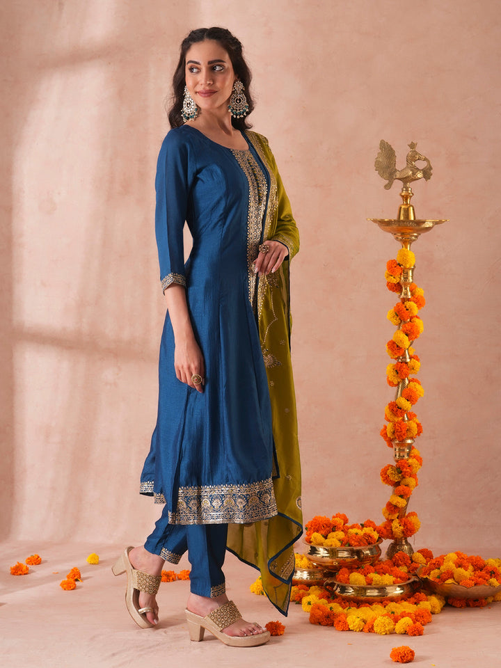 Solid Ethnic Sequin Embroidered Anarkali Kurta with Pant and Dupatta - Teal Blue