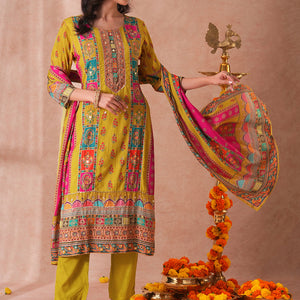 Ethnic Printed & Embroidered Straight Fit Kurta with Pant and Dupatta - Green