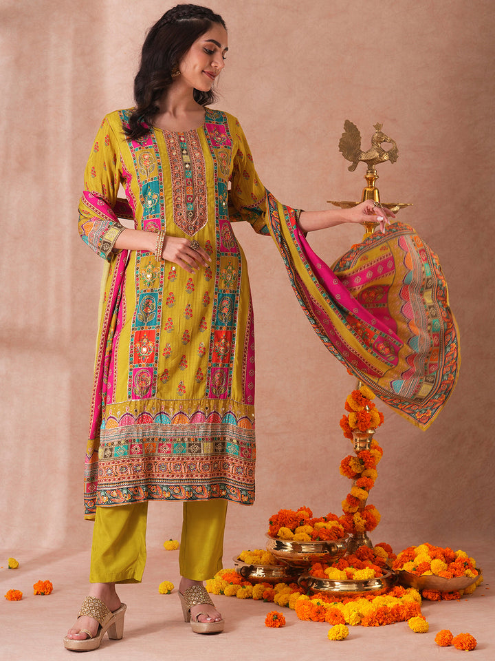 Ethnic Printed & Embroidered Straight Fit Kurta with Pant and Dupatta - Green