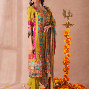 Ethnic Printed & Embroidered Straight Fit Kurta with Pant and Dupatta - Green