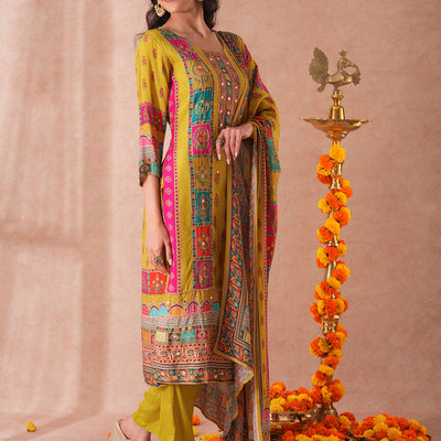 Ethnic Printed & Embroidered Straight Fit Kurta with Pant and Dupatta - Green