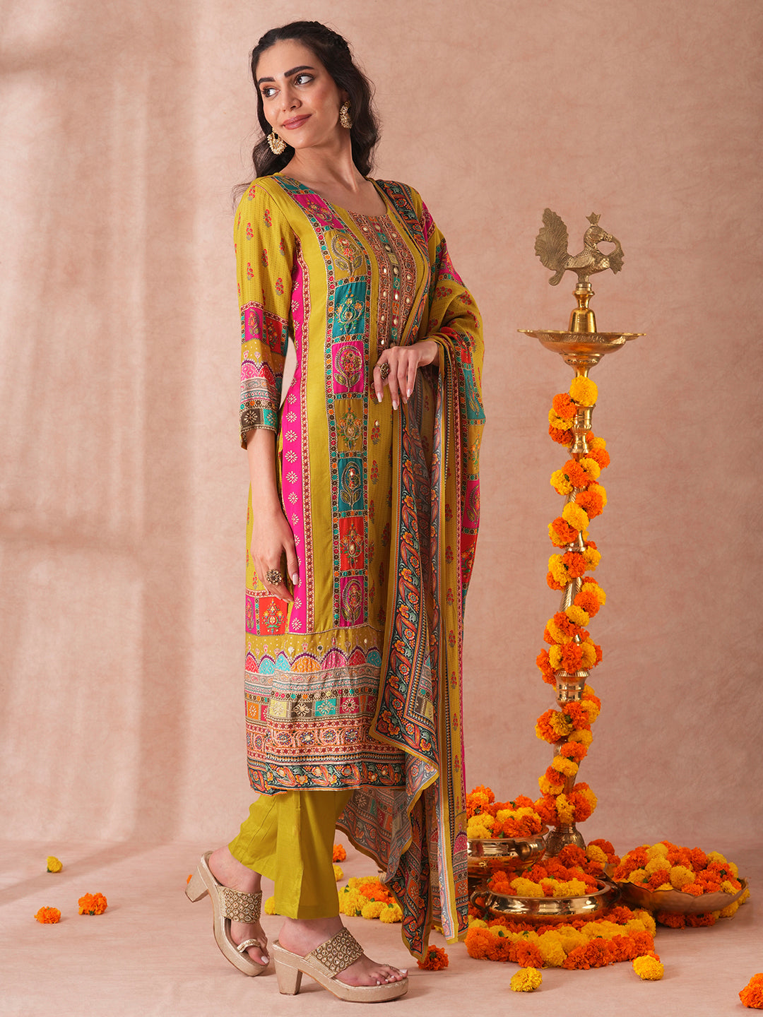 Ethnic Printed & Embroidered Straight Fit Kurta with Pant and Dupatta - Green