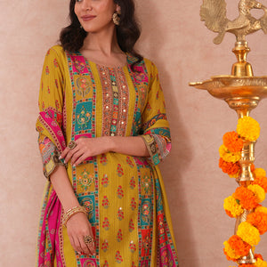 Ethnic Printed & Embroidered Straight Fit Kurta with Pant and Dupatta - Green