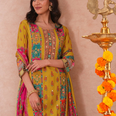 Ethnic Printed & Embroidered Straight Fit Kurta with Pant and Dupatta - Green