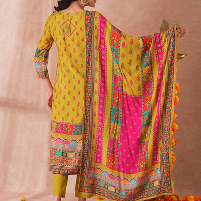 Ethnic Printed & Embroidered Straight Fit Kurta with Pant and Dupatta - Green