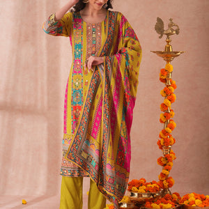 Ethnic Printed & Embroidered Straight Fit Kurta with Pant and Dupatta - Green